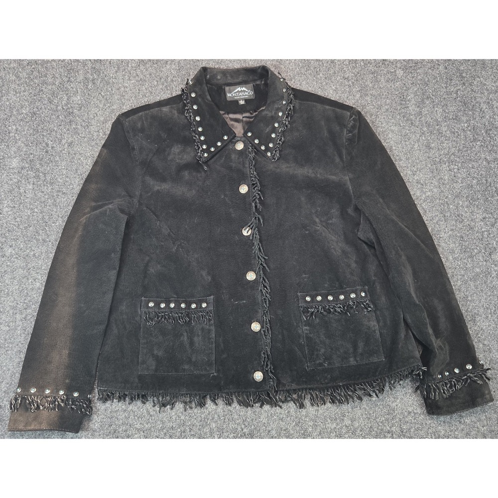 Montanaco Suede Leather Jacket Womens L Black Fringes